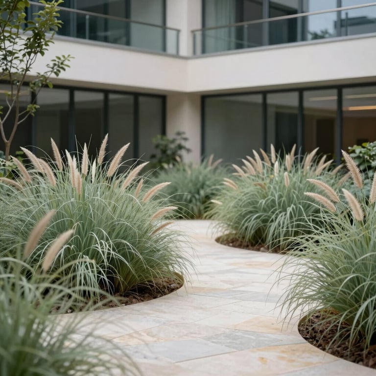A beautifully designed corporate courtyard in France featuring Soft Sage ornamental grasses and clean stone paths.