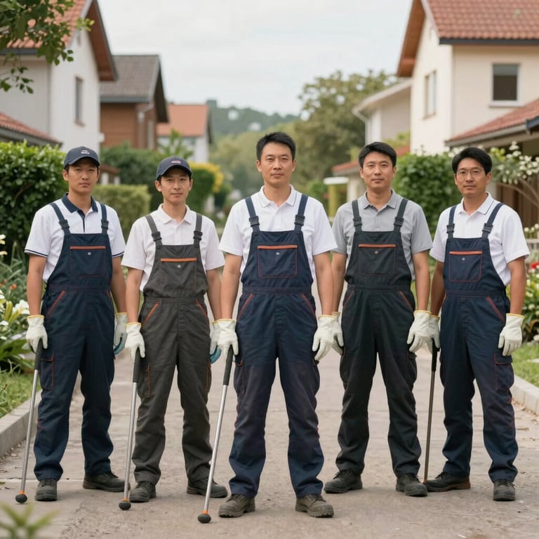 A team of gardeners and cleaners standing together in professional uniforms in a Central European / French suburban setting.