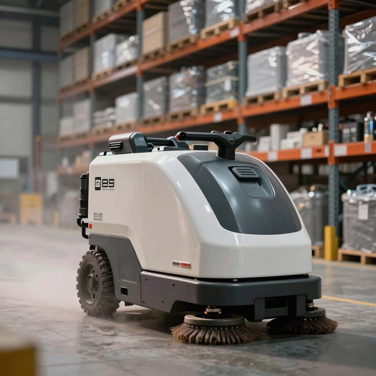 Interior of a high-tech warehouse being cleaned by a professional industrial scrubber, soft Mist lighting.