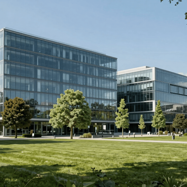 A fleet of professional mowers branded in Forest Green parked neatly in a Central European / French landscaping depot.