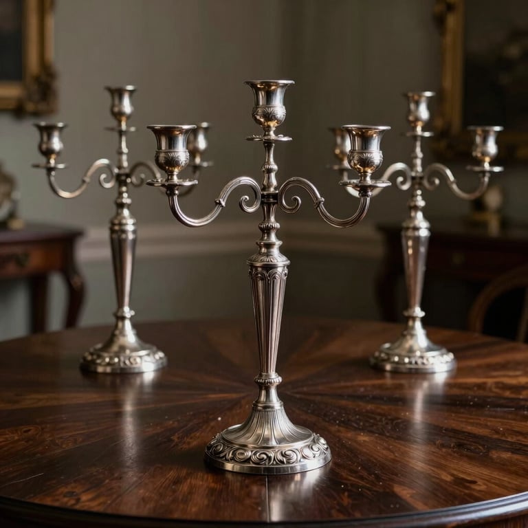 Close-up of antique silver candelabras on a dark wooden dining table, dramatic chiaroscuro lighting, empty grand salon in the background.