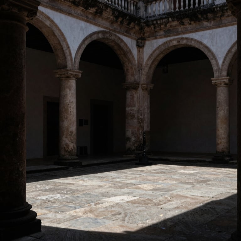 Low-key architectural geometry of a colonial courtyard in Cosme Velho, shadows stretching across stone floors, quiet and sober atmosphere.