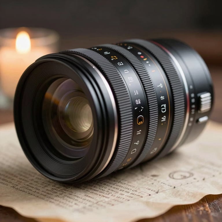 Extreme close-up of a high-end cinema lens resting on a parchment manuscript, soft candlelight reflection, deep focus.