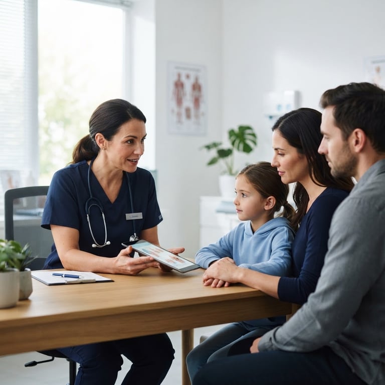 A bright clinical consultation room with soft natural window light, a professional medical specialist in collaborative discussion with a family, deep navy and clean slate tones, shallow depth of field.