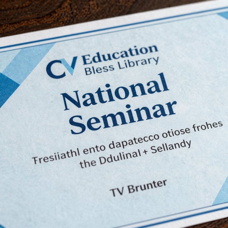 A close-up of a certificate for a National Seminar organized by CV Education Bless Library with professional Light Blue design.