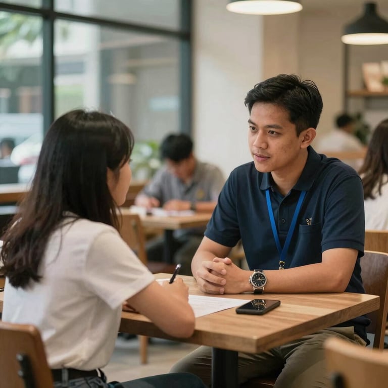 A candid shot of a mentoring session between a tutor and a PhD student in a Southeast Asian / Indonesian university cafe.