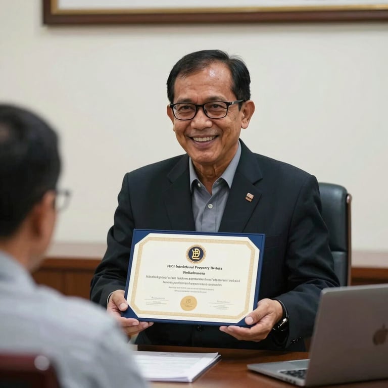 An Indonesian professor receiving a certificate of HKI (Intellectual Property Rights) registration in a formal office.