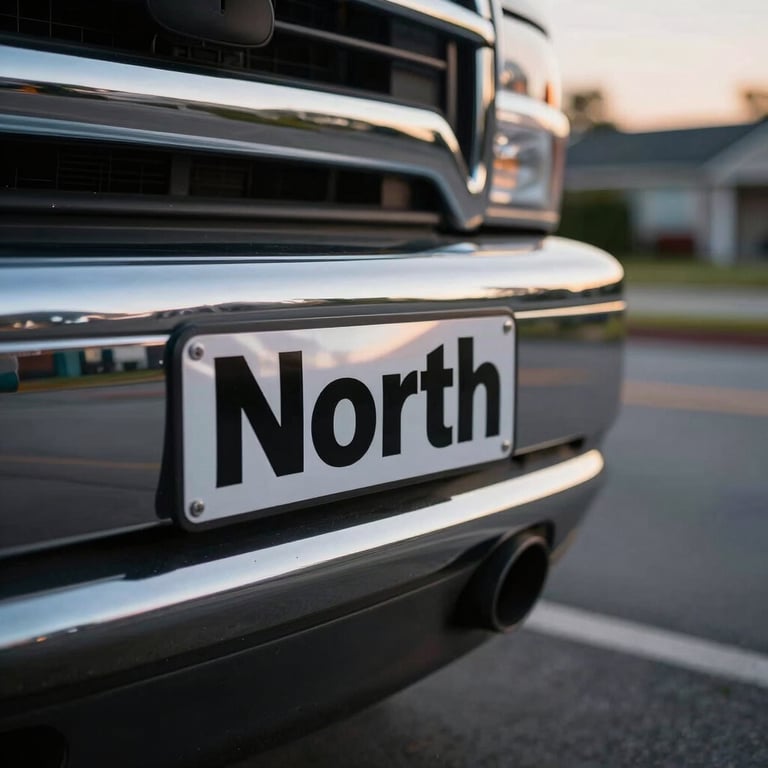Close-up of a reflective vinyl sticker on a truck bumper, North American suburban street in background, dusk lighting.