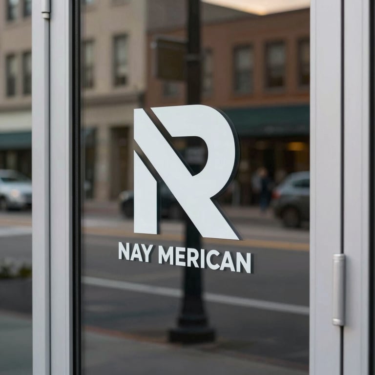 Transparent window decal with a business logo on a glass door, North American city street reflected in the glass.