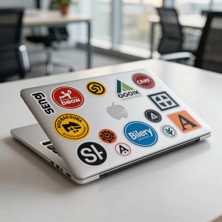 Sleek laptop lid covered in colorful die-cut branding stickers, soft morning light in a modern North American office.