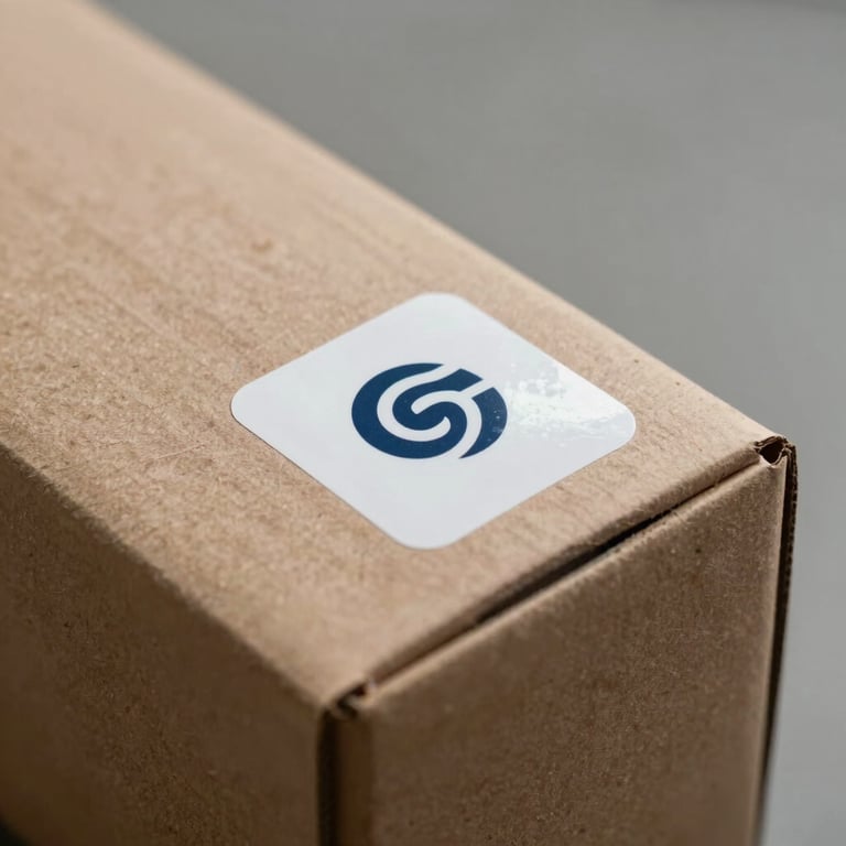 Professional packaging box with a gloss-finish logo sticker, sharp product photography, neutral background.