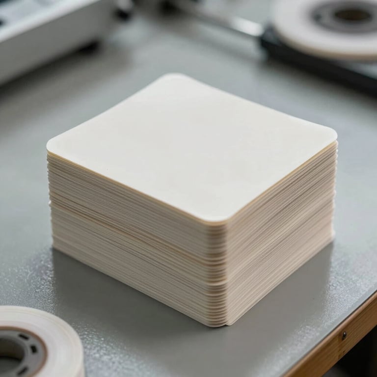 A stack of precisely cut matte vinyl stickers on a production table, showing depth and clean edges, professional lighting.