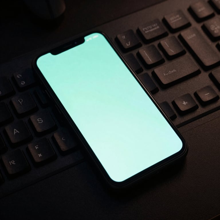 Macro top-down shot of a matte-black Android phone resting on a dark mechanical keyboard, screen glowing with a sharp neon-mint interface, low-key dramatic studio lighting with deep shadows.