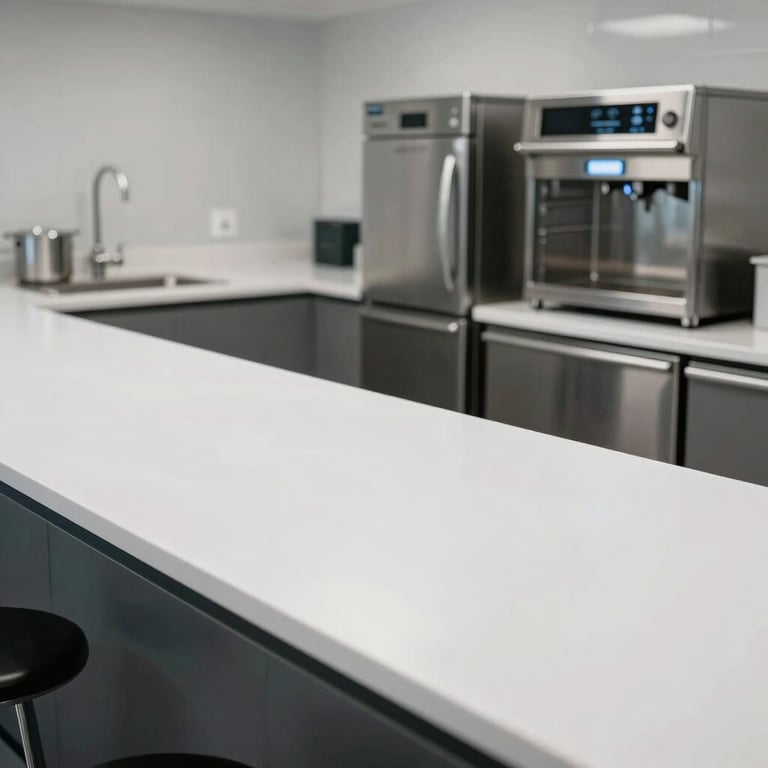 A perfectly sanitized office breakroom featuring bright white countertops and gleaming stainless steel appliances.