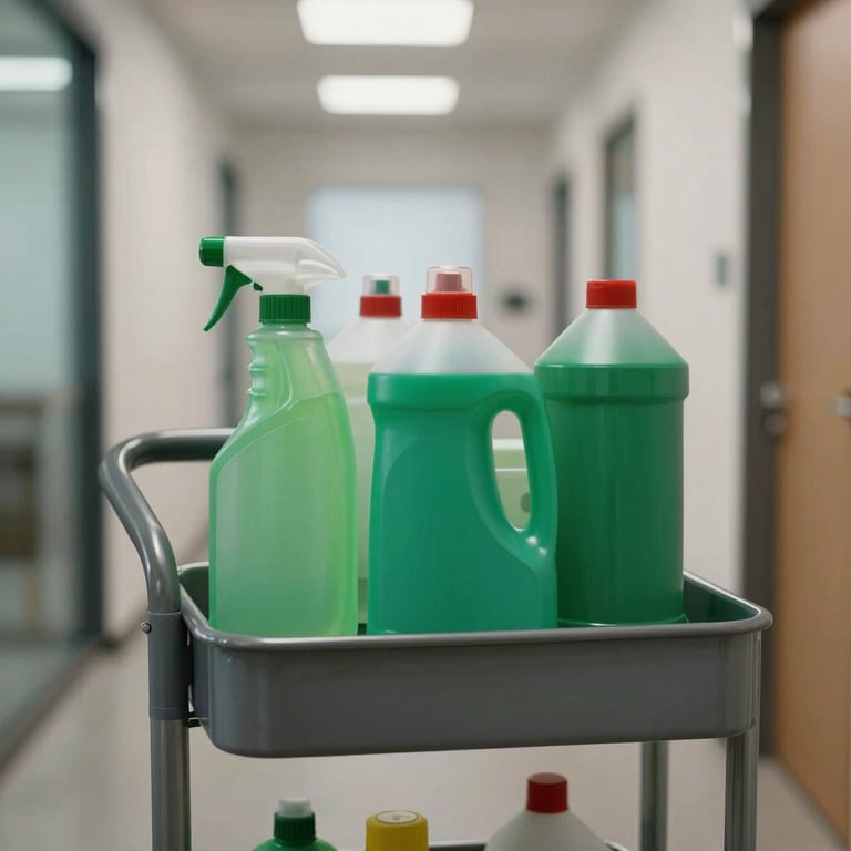 A detail shot of a janitorial cart stocked with fresh green cleaning supplies in a modern office hallway.