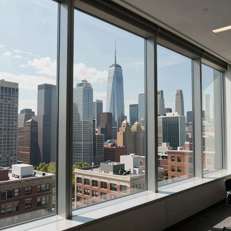 The Long Island City skyline seen through crystal-clear, professionally cleaned office windows during a bright day.