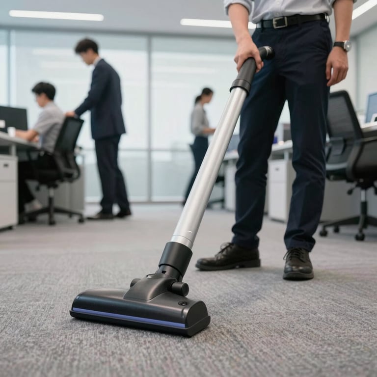 A professional team member using a HEPA-filter vacuum on high-quality carpeting in a bright executive office.