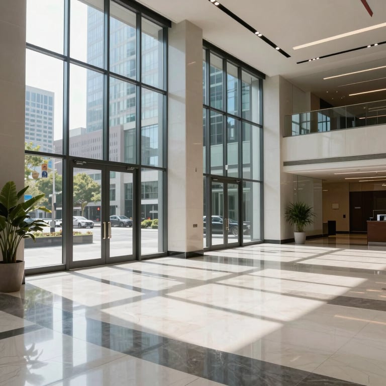 A sparkling clean North American / US corporate lobby in Long Island City with large glass windows and polished floors.