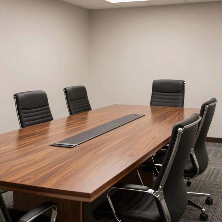 A clean conference room with a large mahogany table and perfectly aligned ergonomic chairs in a US office building.