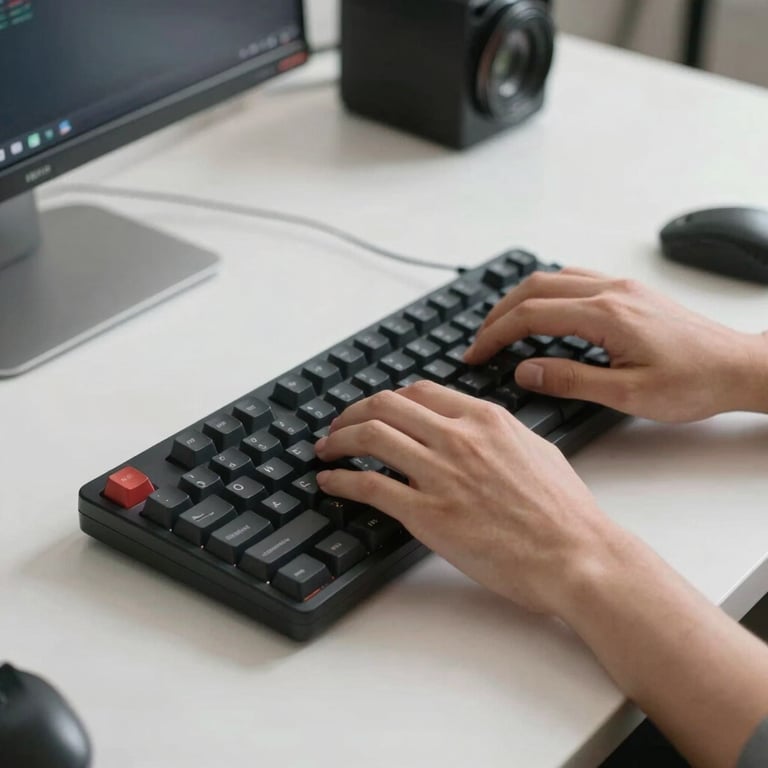 Hands of a developer typing on a mechanical keyboard, professional lighting, Global / International workspace, crisp pearl white desk.