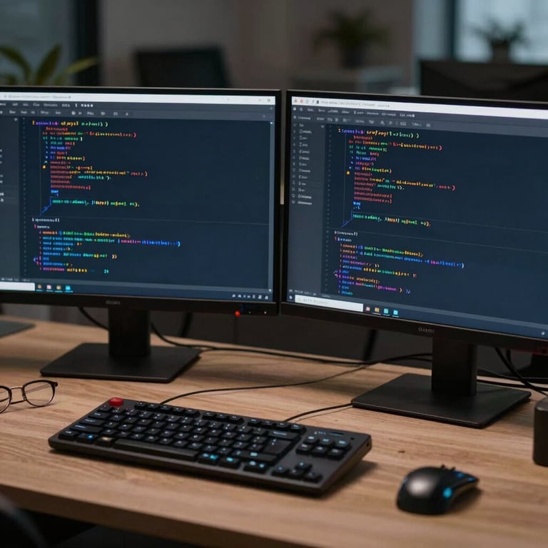 A professional workstation with dual monitors in a Global / International setting, showing code with deep charcoal navy background themes.