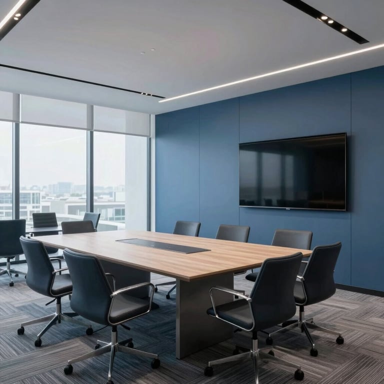 A modern meeting room in a Global / International tech hub, with clean lines and muted steel blue decor.