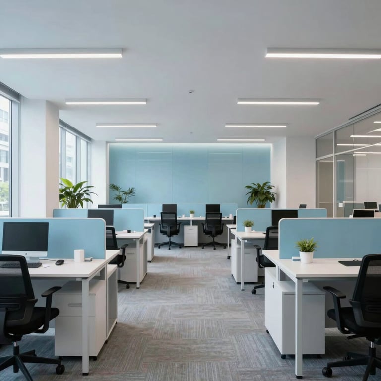 A bright, open-plan office interior in a Global / International city, showcasing innovative design and soft arctic blue accents.