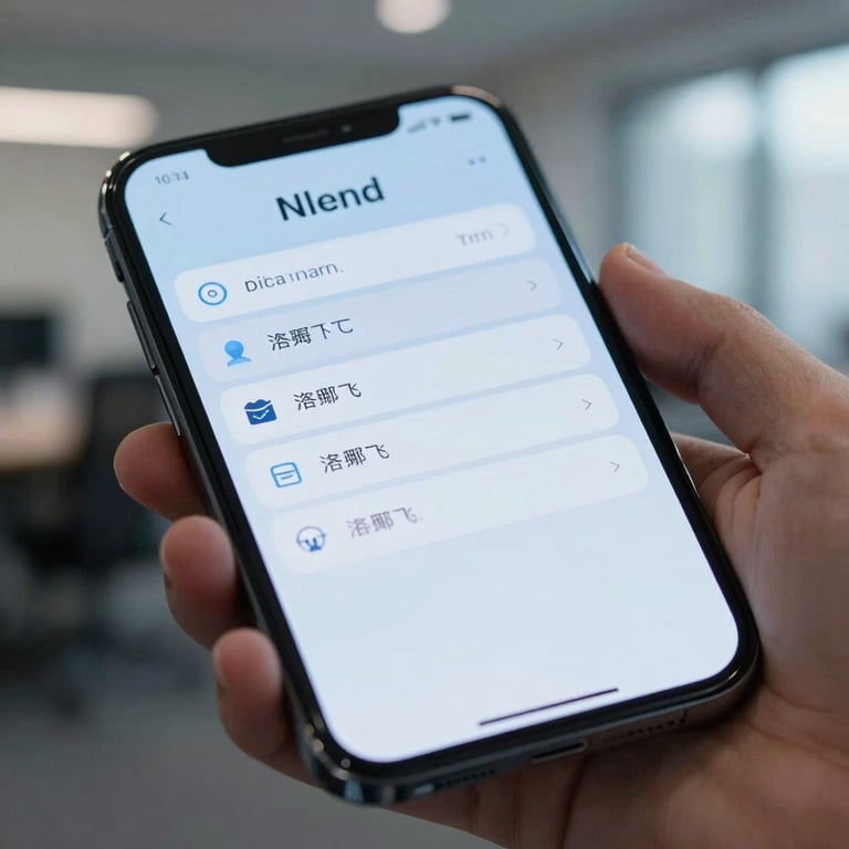 Close-up of a high-tech mobile device in a Global / International office, displaying a clean UI with soft arctic blue tones.