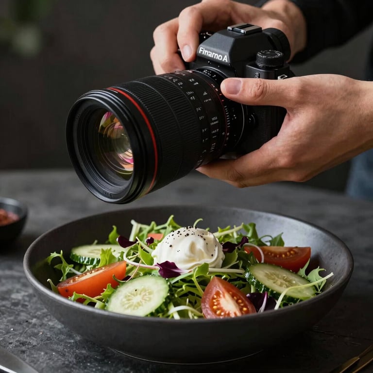 A photographer's hand adjusting a professional camera lens, focused on a beautifully styled salad in a dark charcoal bowl.