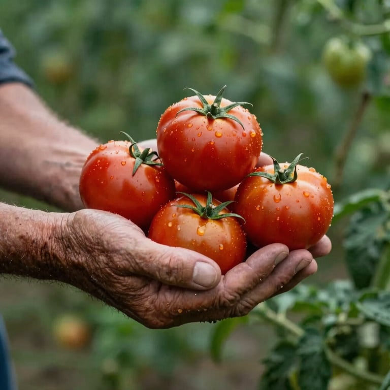 A close-up of a farmer's weathered hands holding a harvest of deep ripe crimson tomatoes against a matte forest green background.