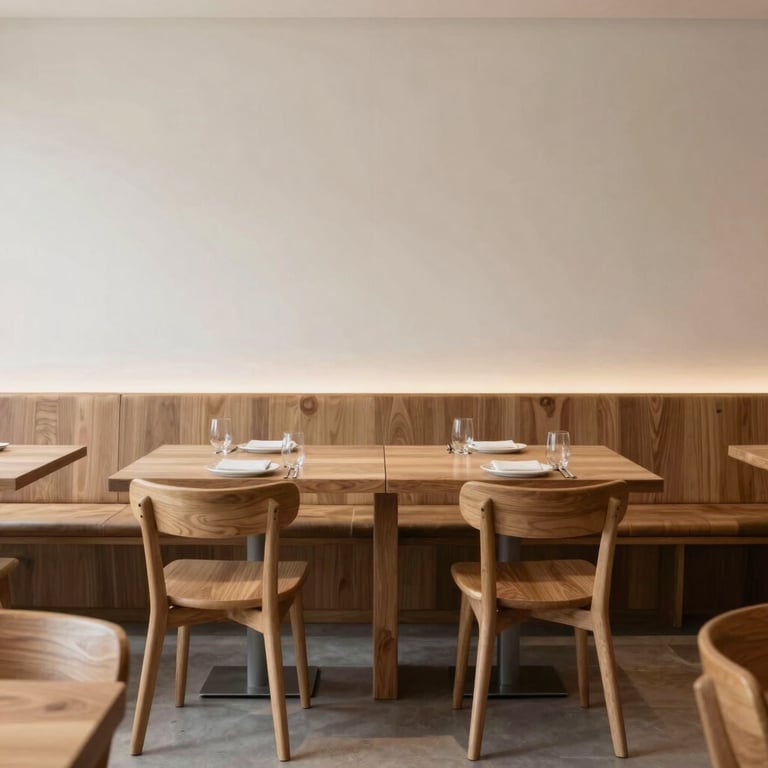 A minimalist, Scandinavian-style restaurant dining room with warm wood textures and clean crisp parchment walls.