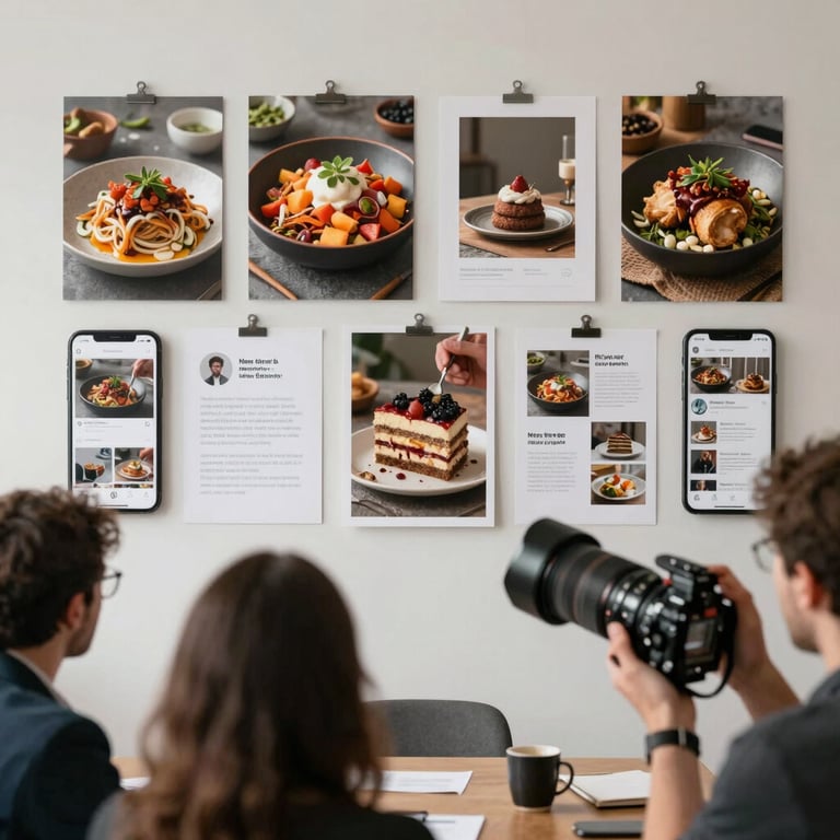 Action shot of an agency meeting: a mood board on a wall featuring food photography and social media layout sketches.