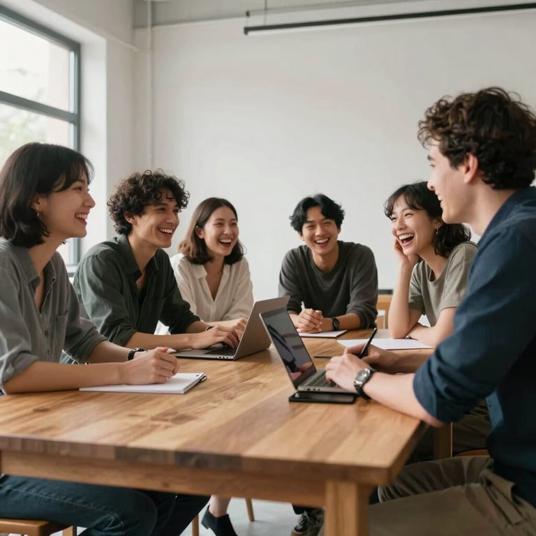 A small group of creative professionals laughing and collaborating around a large wooden table in a bright, airy studio.