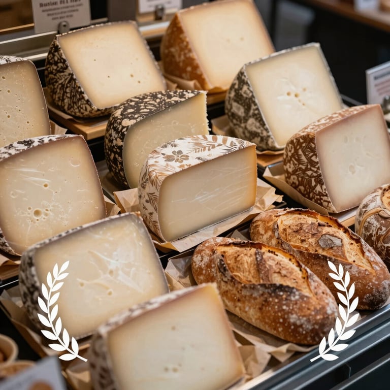 Top-down view of a modern food market stall with artisanal cheeses and breads wrapped in crisp parchment paper.