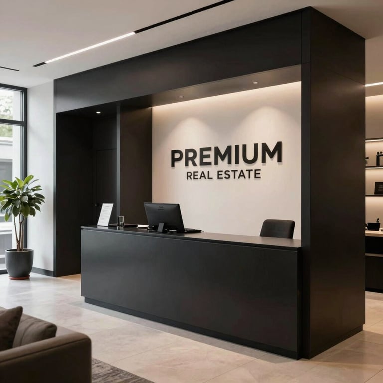 A crisp architectural shot of a premium real estate agency interior with modern furniture and black details.