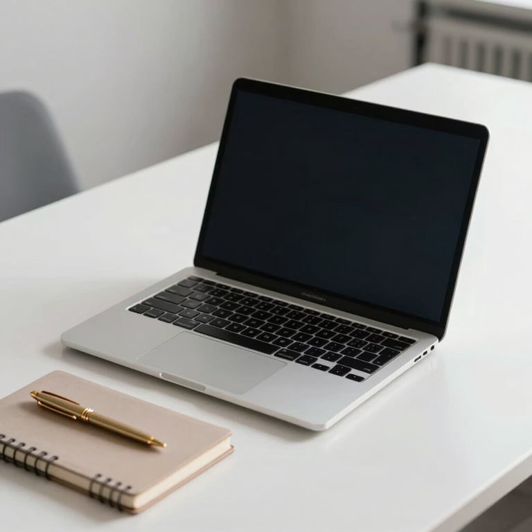 A sleek laptop on a minimalist white desk with a beige notebook and gold pen, North American / US style office.