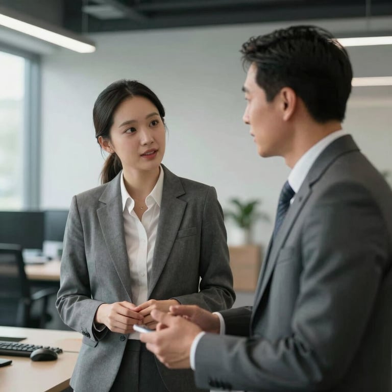 Two business professionals in professional attire talking in a modern, open-concept workspace with soft gray accents.