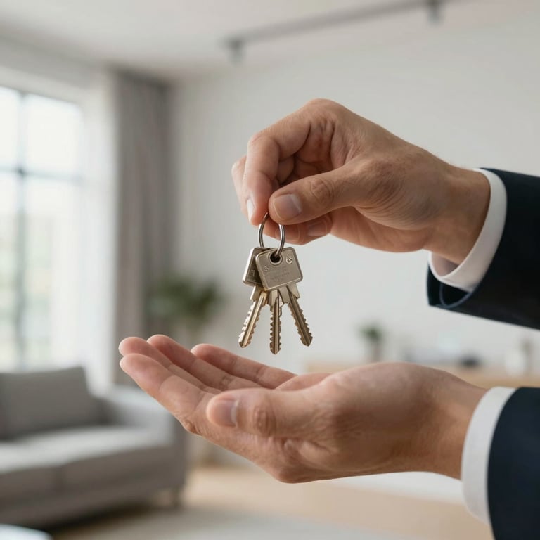 Detail shot of hands handing over residential keys in a bright, modern interior setting.