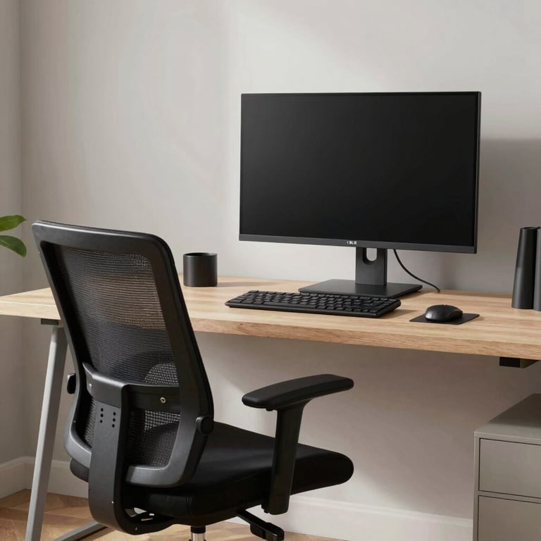 A high-end monitor and ergonomic chair in a clean, light-filled North American / US home office.