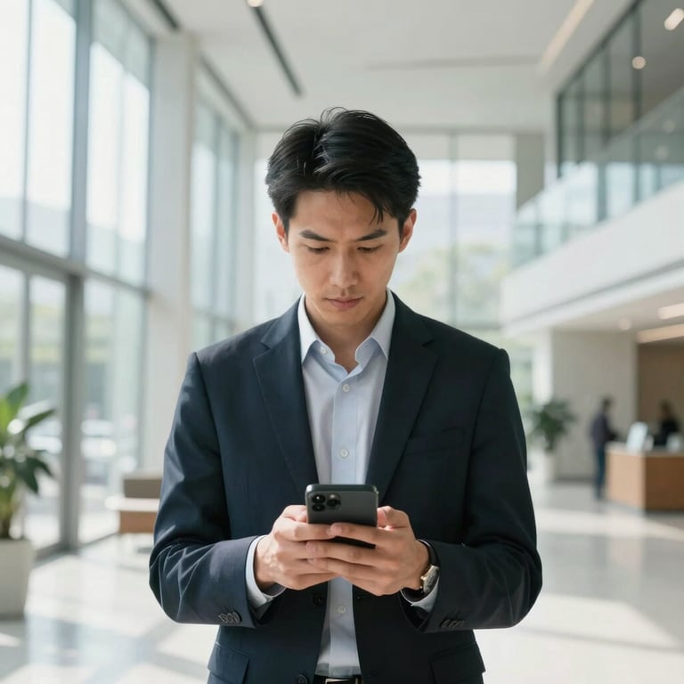A professional checking a smartphone in a bright, modern glass lobby with minimalist design.