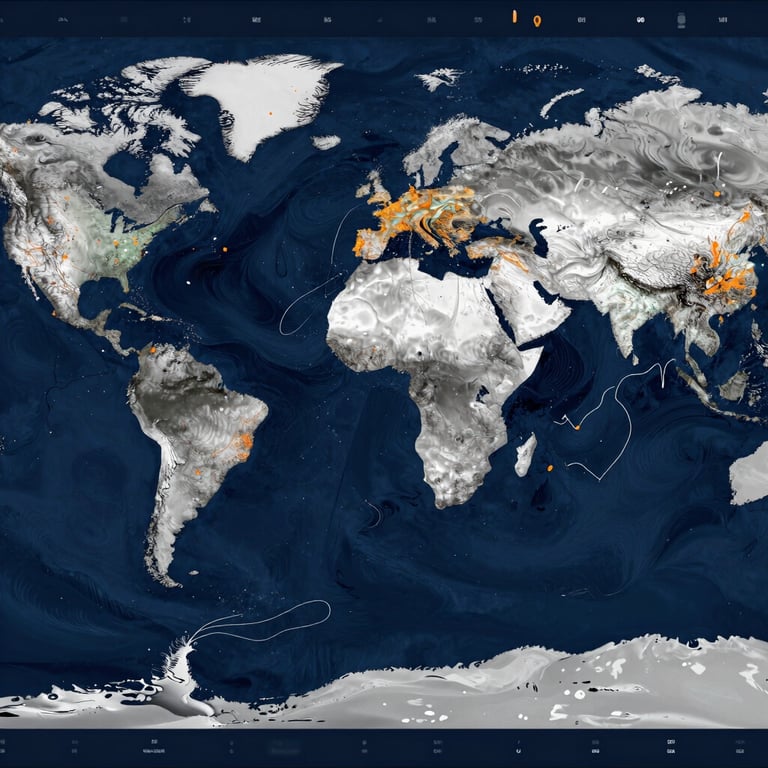 High-resolution data visualization map showing global ocean sensor density and wave vectors, deep midnight blue interface with crisp white and orange data points.