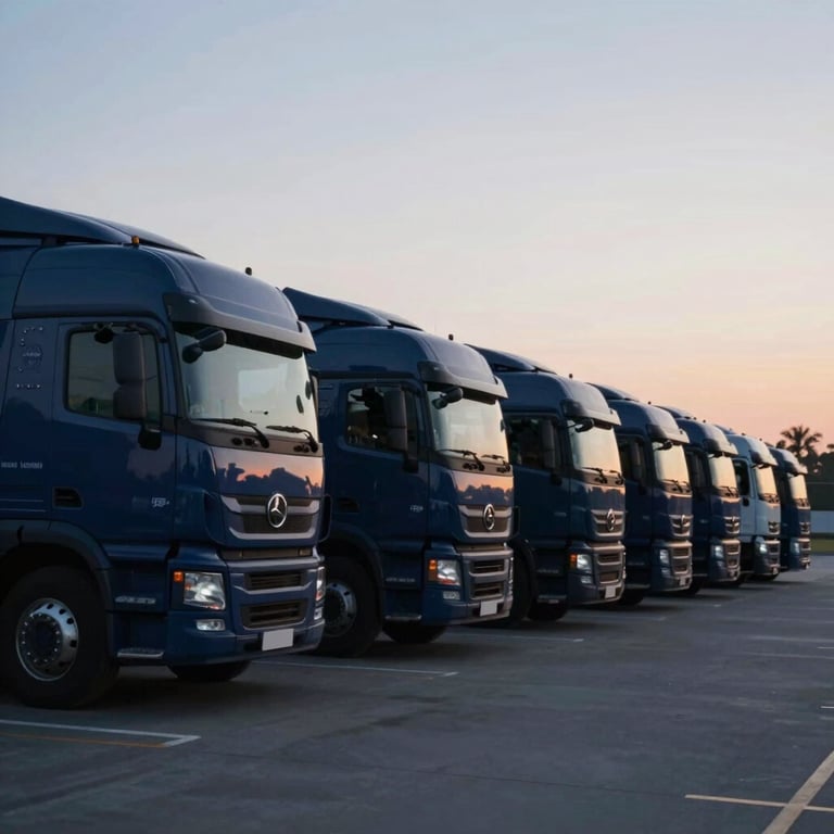 A fleet of modern logistics trucks parked in a neat row at dawn, reflecting deep navy (#0A1F28) tones and soft morning light.