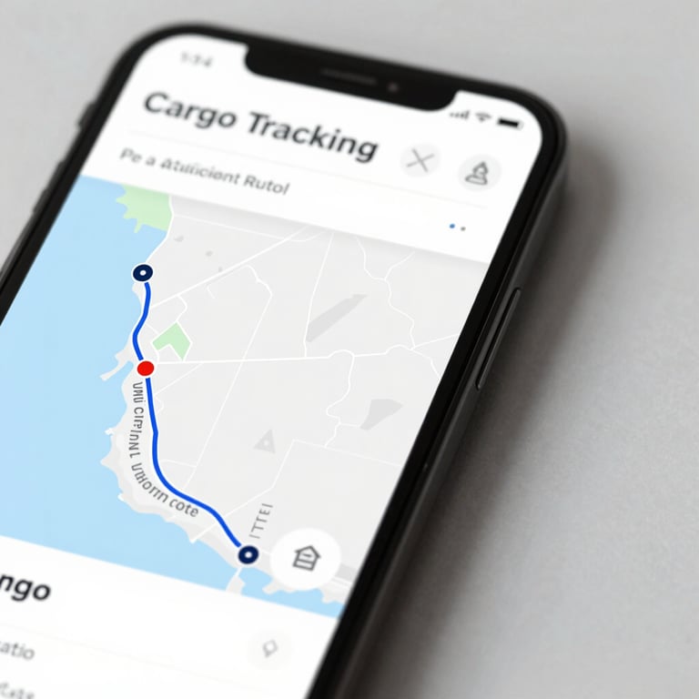 A close-up of a digital cargo tracking interface on a smartphone, displaying efficient routes across a map of Chile.