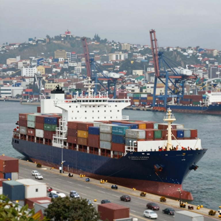 The bustling port of Valparaíso with large container ships, emphasizing global connectivity and professional scale.