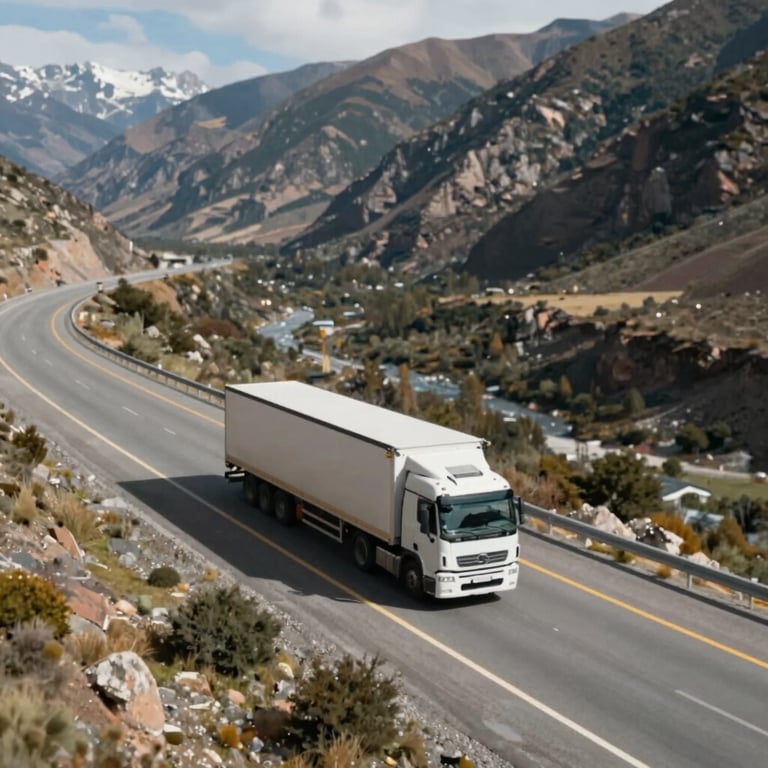 An aerial view of a highway in the Andes mountains with a logistics truck moving efficiently, symbolizing reach and reliability.