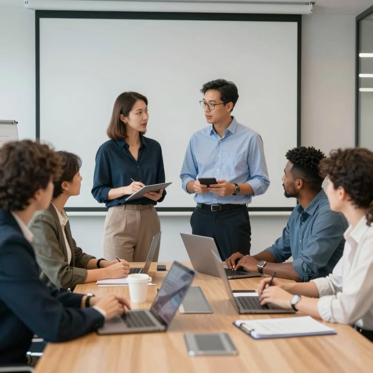 A diverse team of logistics experts in a boardroom discussing strategy, dressed in business casual attire with a modern office backdrop.