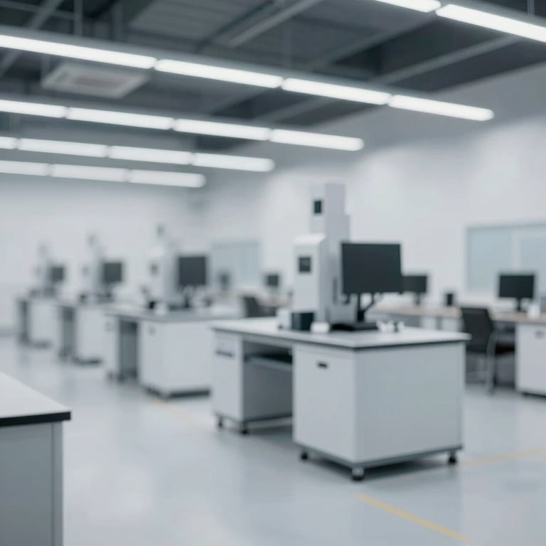 A clean, minimalist distribution center interior with automated systems and a sophisticated professional vibe.