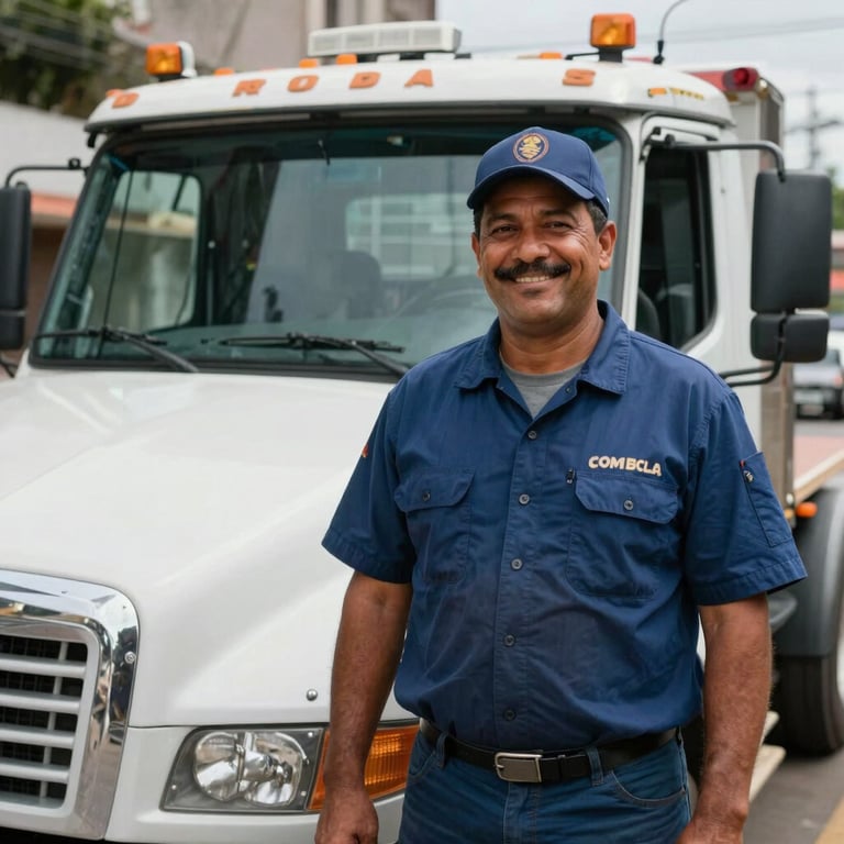 A professional tow truck driver in uniform smiling next to his vehicle, South American urban street background.