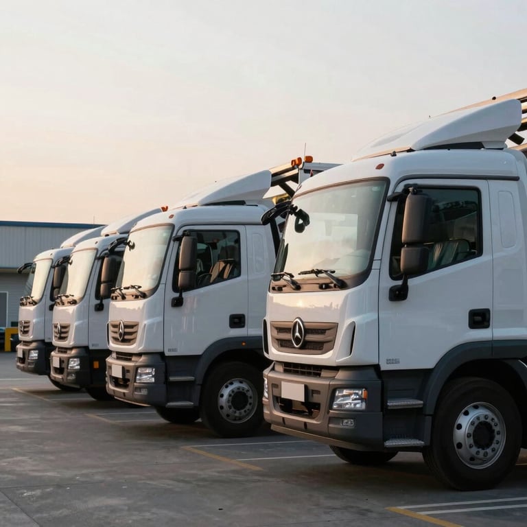 A fleet of modern, clean tow trucks parked in an organized depot at sunrise.