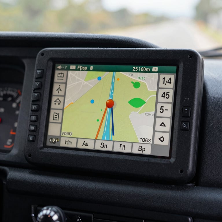 A close-up of a GPS dispatch screen inside a truck cabin, highlighting technological efficiency.